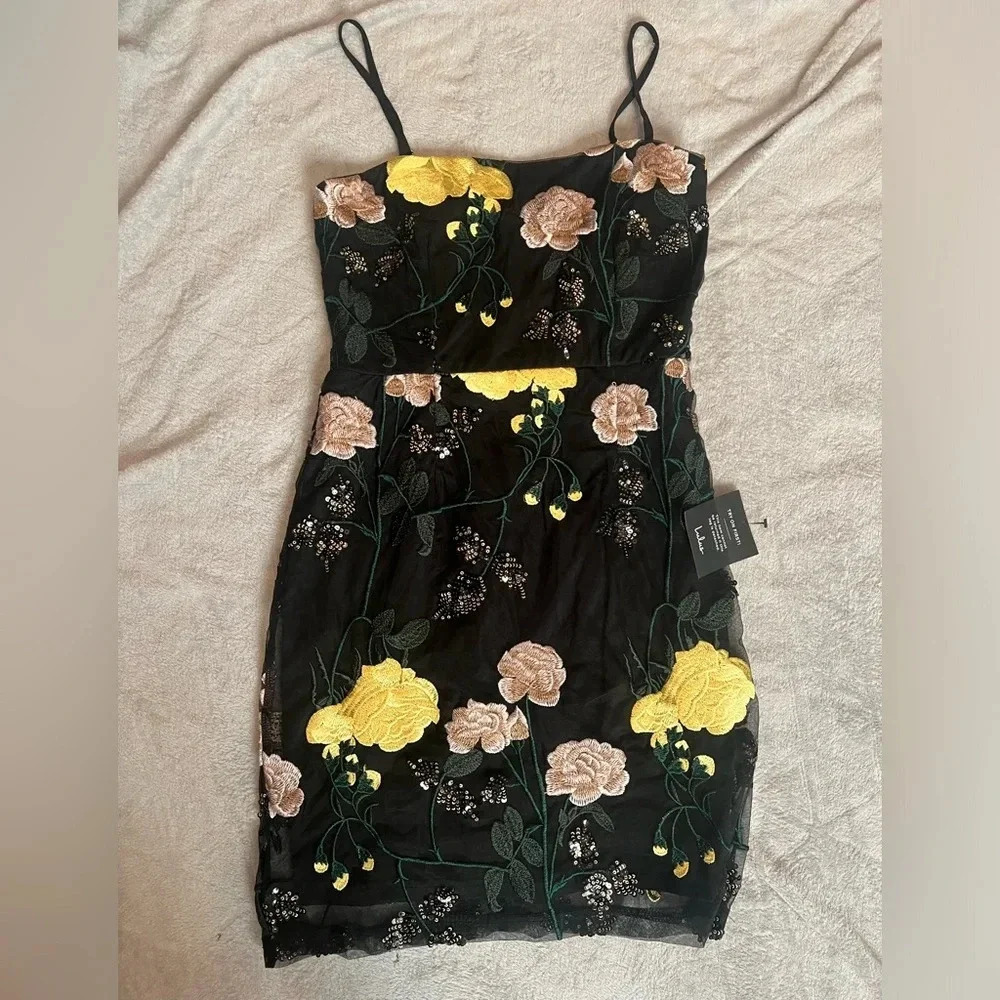Lulu's Black Mini Dress with Yellow and Blush Floral Embroidery